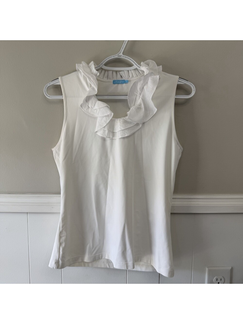 J. McLaughlin Sleeveless Ruffle Neck Tank Top White Catalina Cloth Sz S